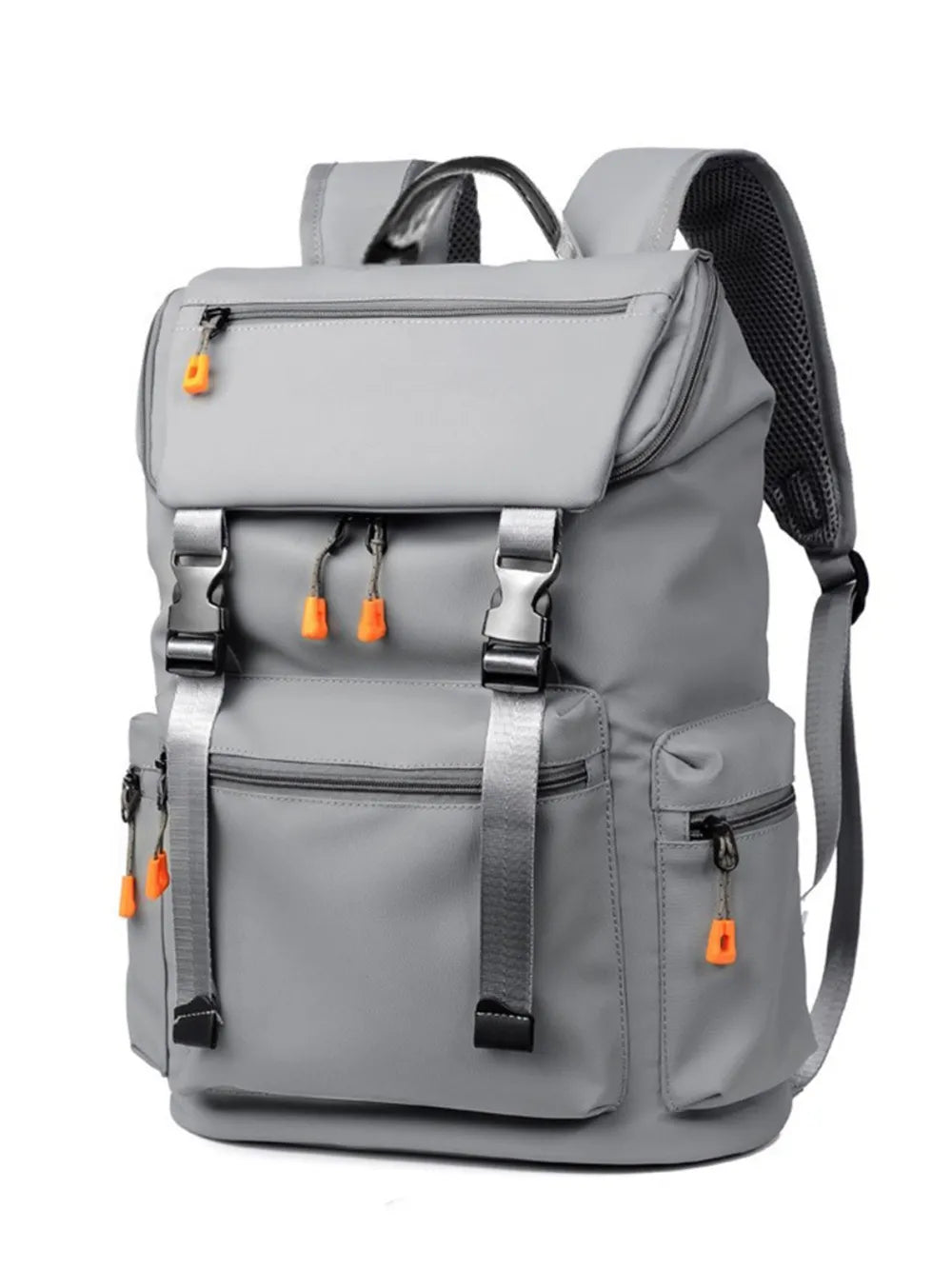 Gray tech-utility backpack with orange zip pulls and silver buckles.