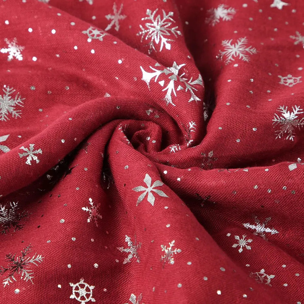 Scarlet scarf with silver snowflake print and glitter dots