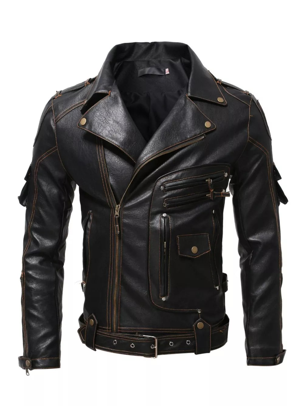 Black faux leather motorcycle jacket with brass hardware, asymmetrical zip, and belted waist.