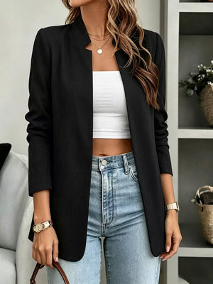 black blazer with hip-length and open-front