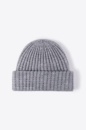 Gray ribbed knit beanie with a cuffed brim