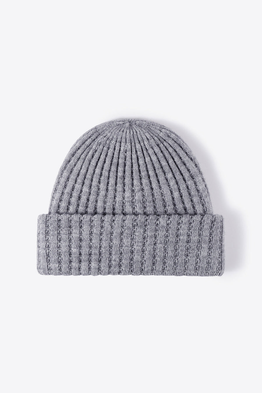 Gray ribbed knit beanie with a cuffed brim