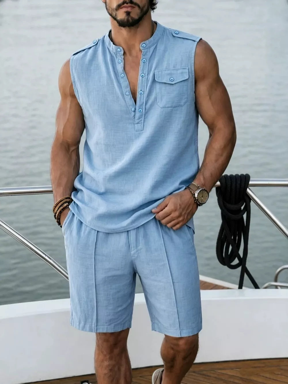 coastal two-piece set in Khaki with collared, henley