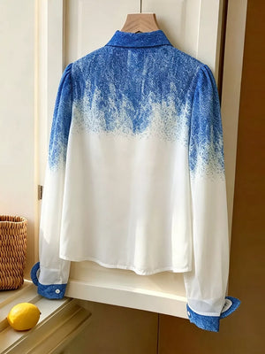 royal blue button-up shirt with hip-length and button-front