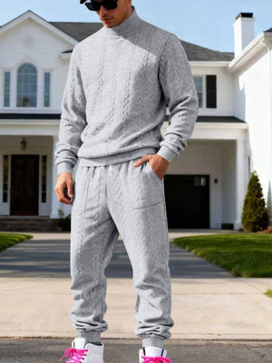 light gray lounge set with cable knit and mock neck