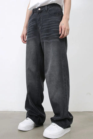 Dark gray wide leg denim jeans with a faded wash and relaxed fit.