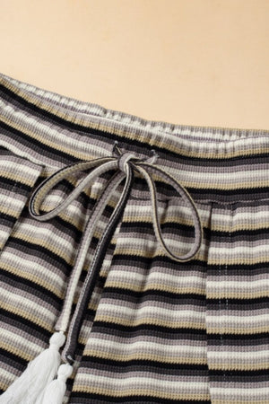 Black striped cotton culottes with drawstring and tassel detail