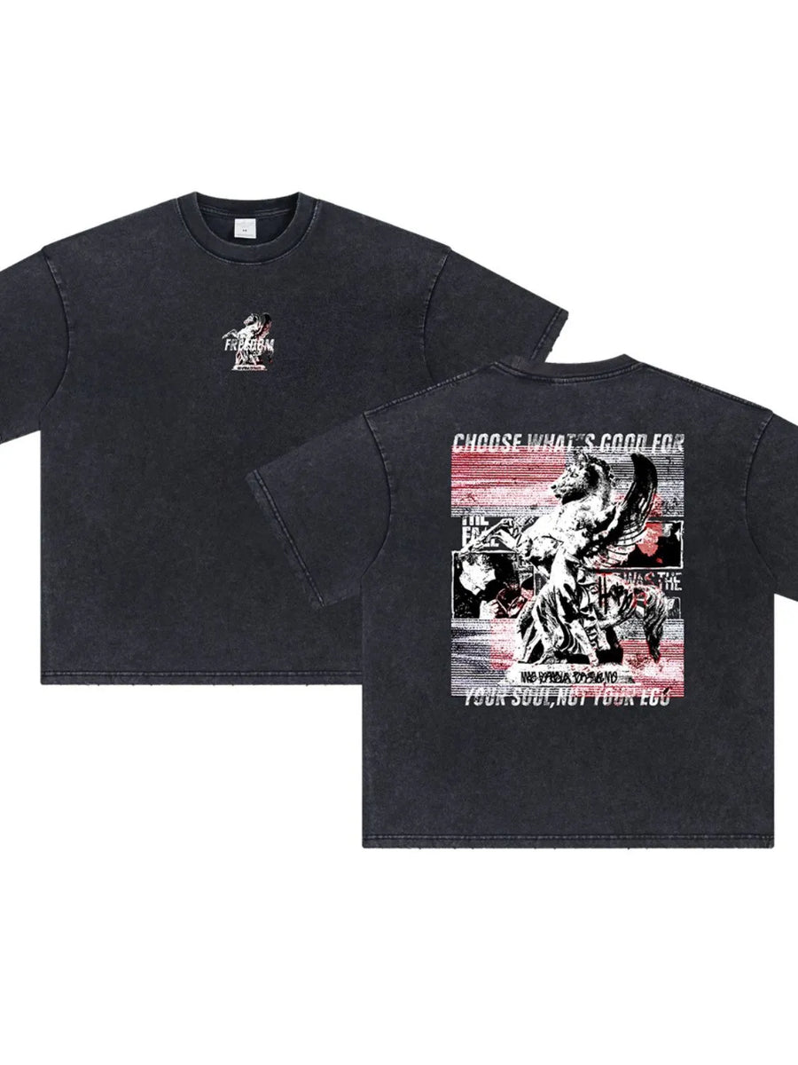 Black vintage wash graphic tee with "Freedom" on front and statue graphic with text on back.