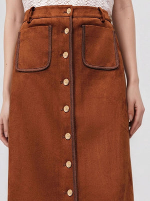 95% polyester, 5% spandex Care instructions: Machine wash cold midi skirt in Rust with A-line silhouette