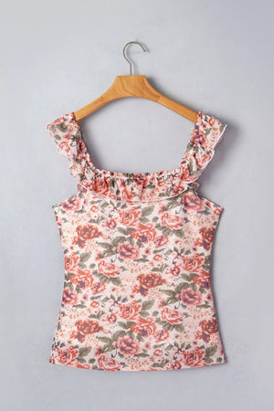 Floral ruffle-trimmed tank top in polyester with a smocked neckline and wide straps.