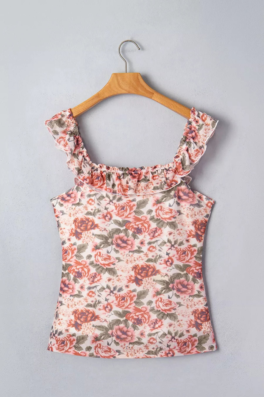 Floral ruffle-trimmed tank top in polyester with a smocked neckline and wide straps.