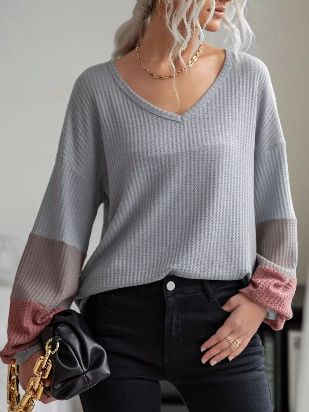 light grey t-shirt with waffle knit and v-neck