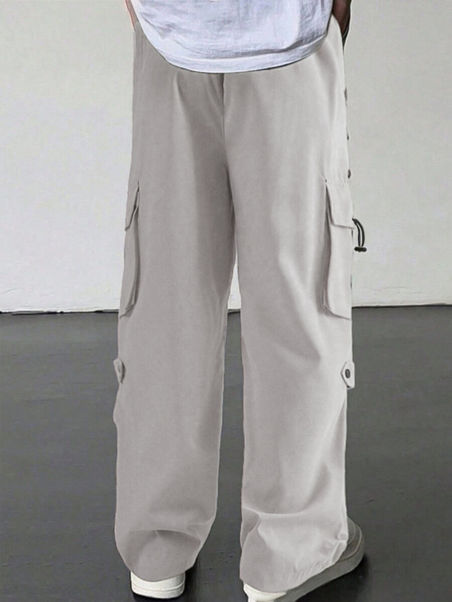 Light grey relaxed fit cargo pants with multiple pockets and drawstring cuffs.