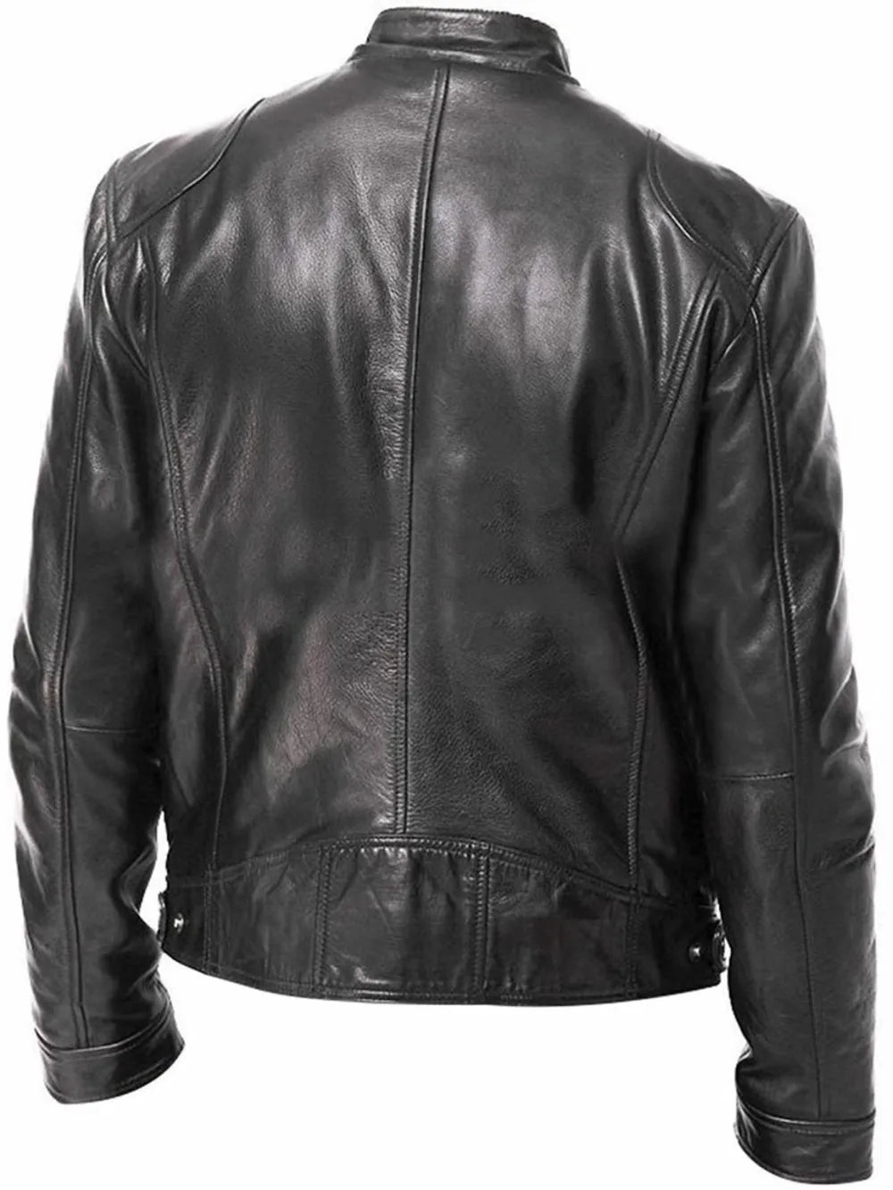 Black faux leather biker jacket for men with quilted shoulder detail and zip cuffs.
