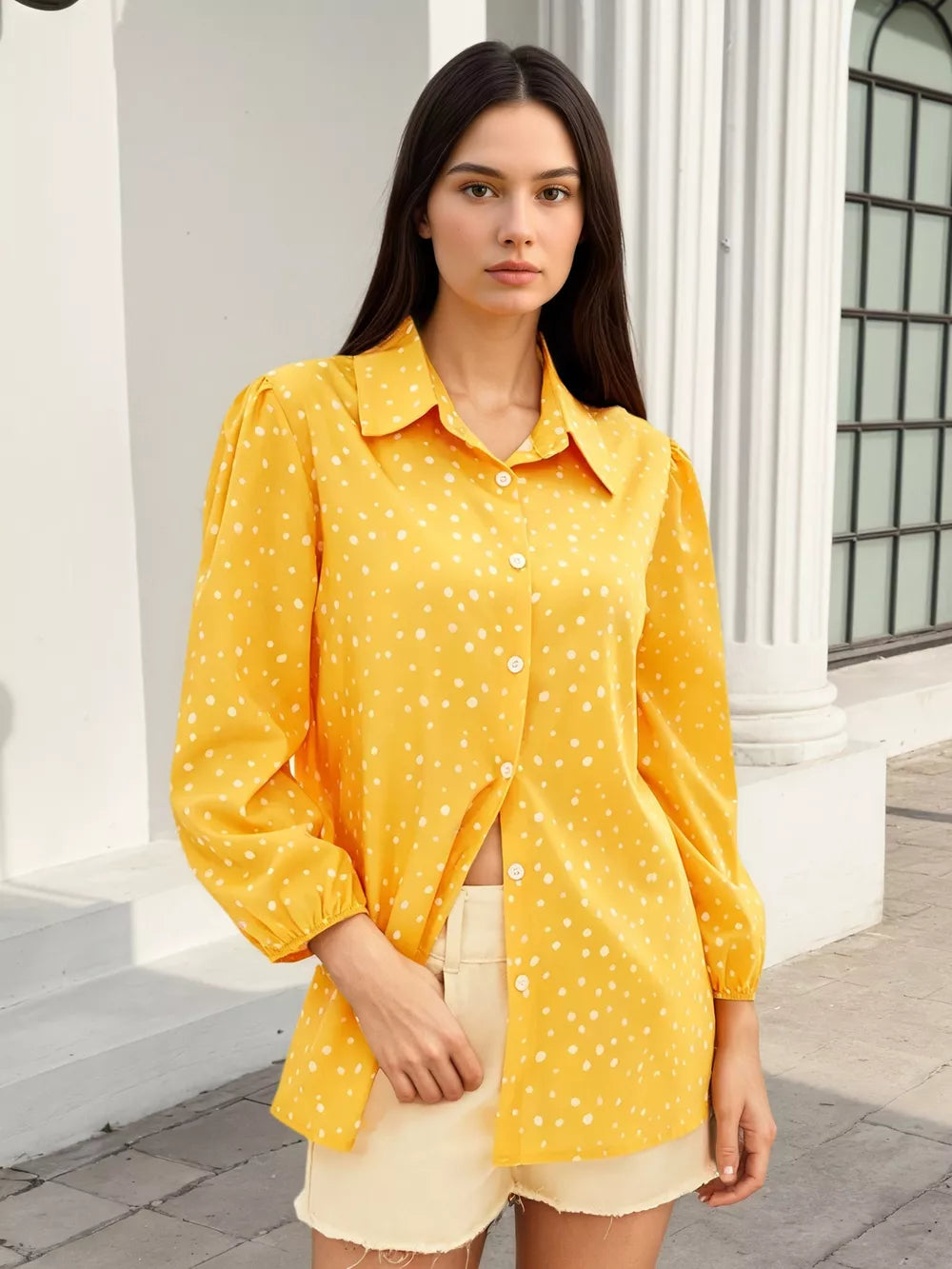 Polka Dot Puff Sleeve Shirt in Yellow