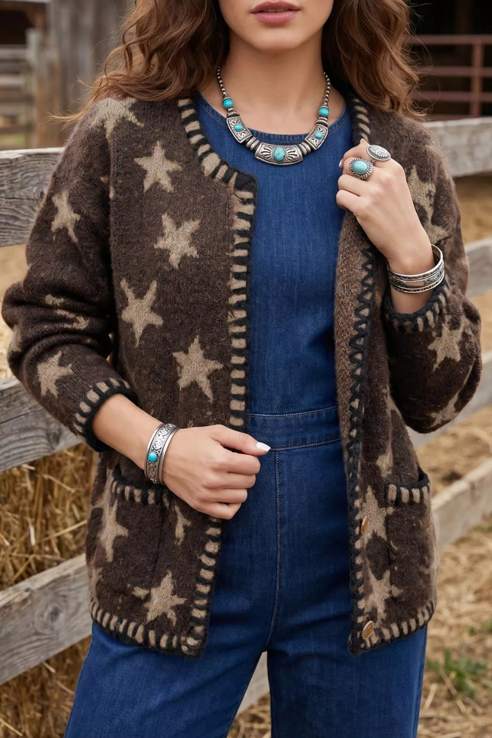 Stars Pattern Colorblock Long Sleeve Cardigan in Coffee Brown