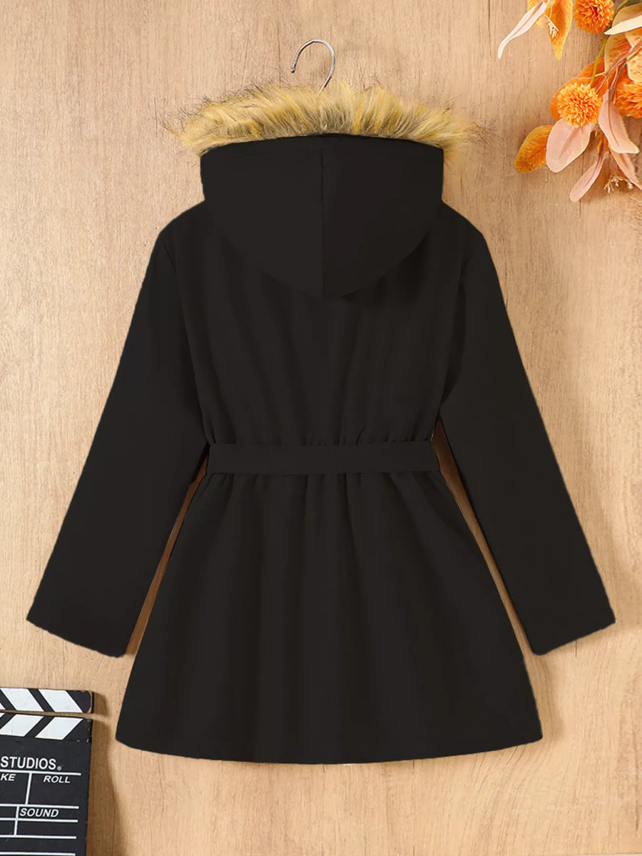 Black hooded overcoat with faux fur trim and belted waist