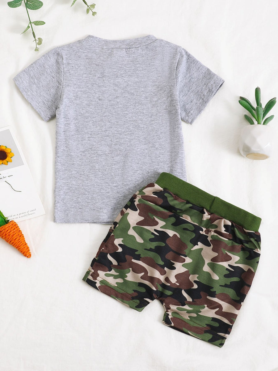 Baby boys' gray t-shirt and camouflage shorts set with green waistband.