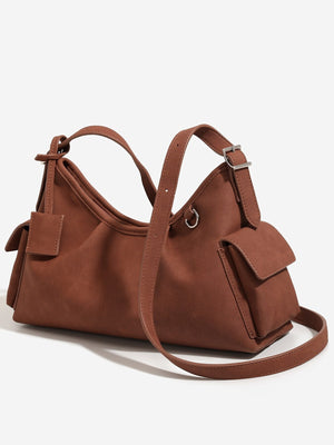Suede Ruched Shoulder Bag in Brown with ruched