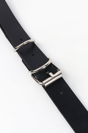 Black leather waist harness belt with silver buckle and O-ring details