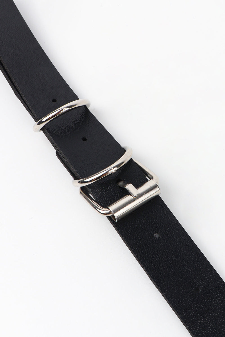 Black leather waist harness belt with silver buckle and O-ring details