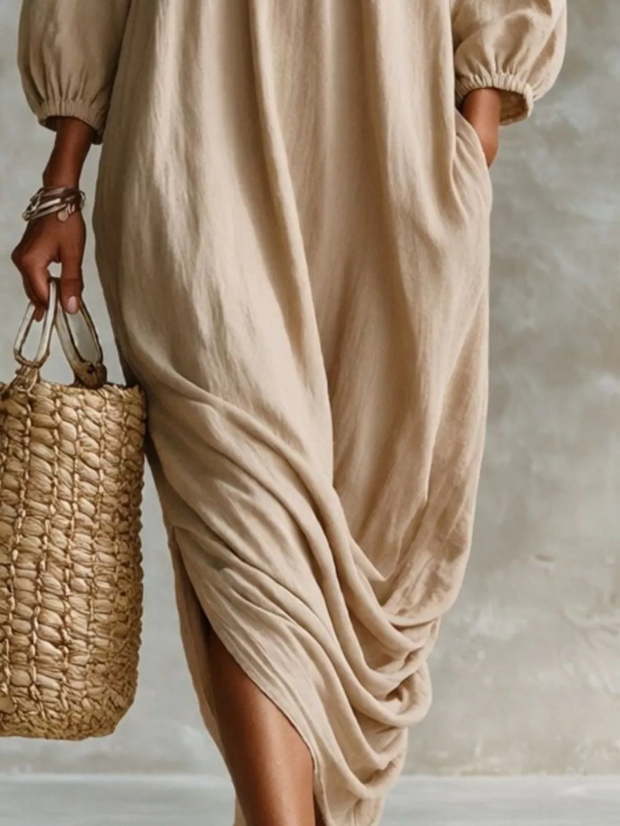 romantic midi dress in dusty pink with boat neck
