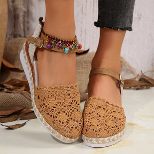 Brown crochet espadrille sandals with ankle strap and beaded anklet detail.