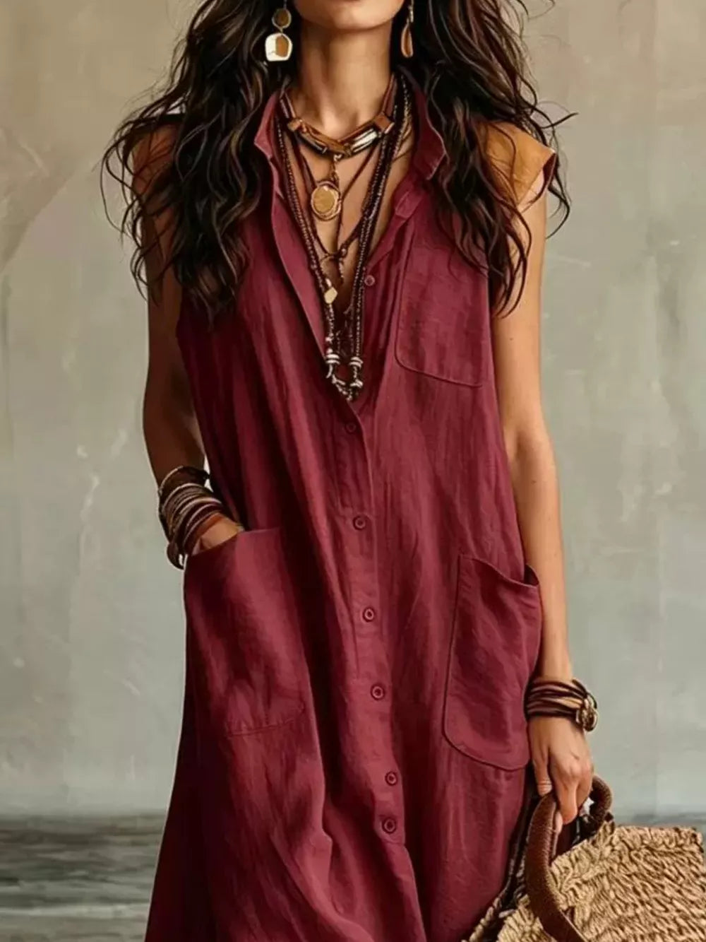 Sleeveless Button-down Linen Maxi Dress in Burgundy with buttoned