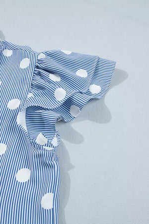 Blue and white striped polyester shirt with polka dots and ruffled short sleeves.