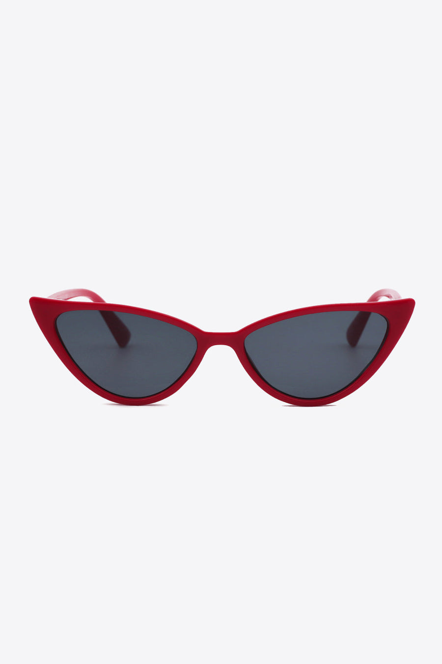 Crimson cat-eye sunglasses with dark lenses and bold frames.
