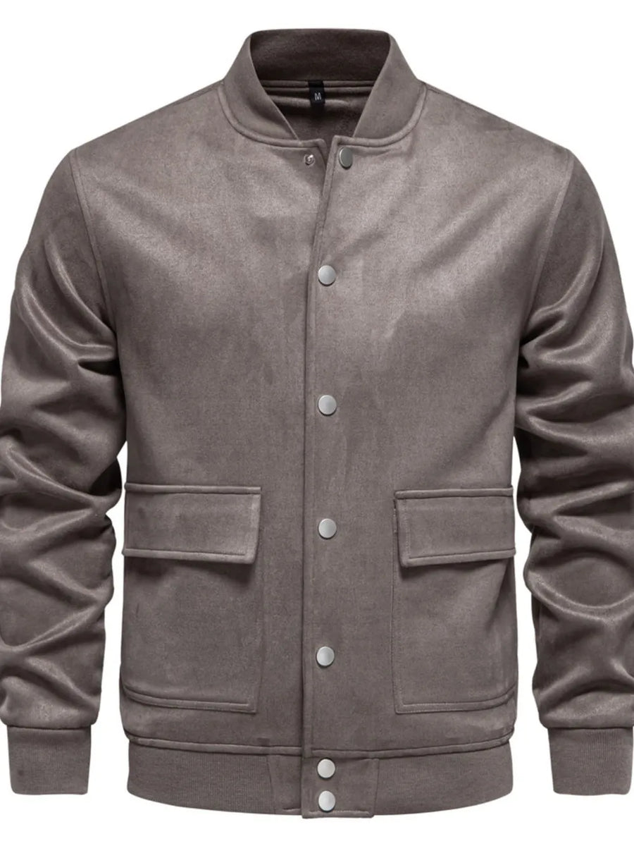 Dark Gray suede-effect bomber jacket with snap closure and chest pockets.