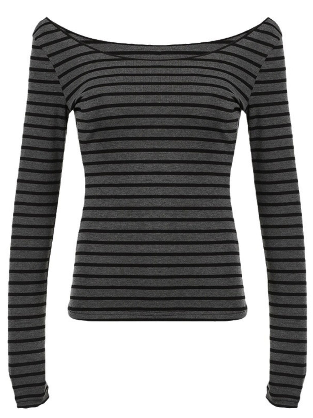 Grey and black striped long sleeve t-shirt with a boat neck