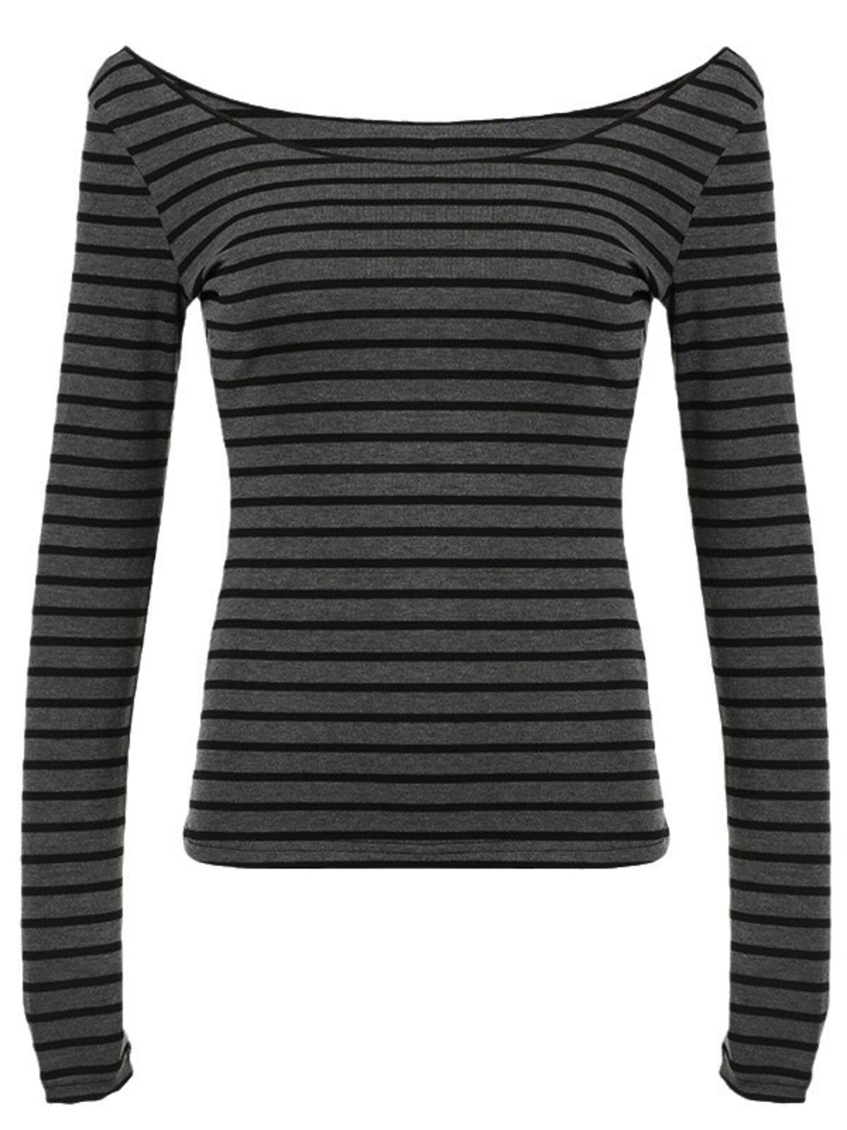 Grey and black striped long sleeve t-shirt with a boat neck