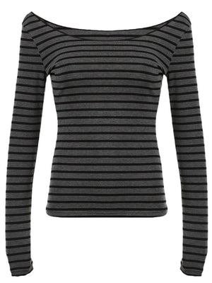 Grey and black striped long sleeve t-shirt with a boat neck