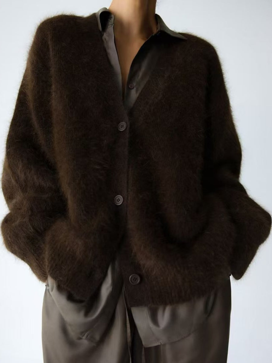 Camel cardigan with hip-length and button-front
