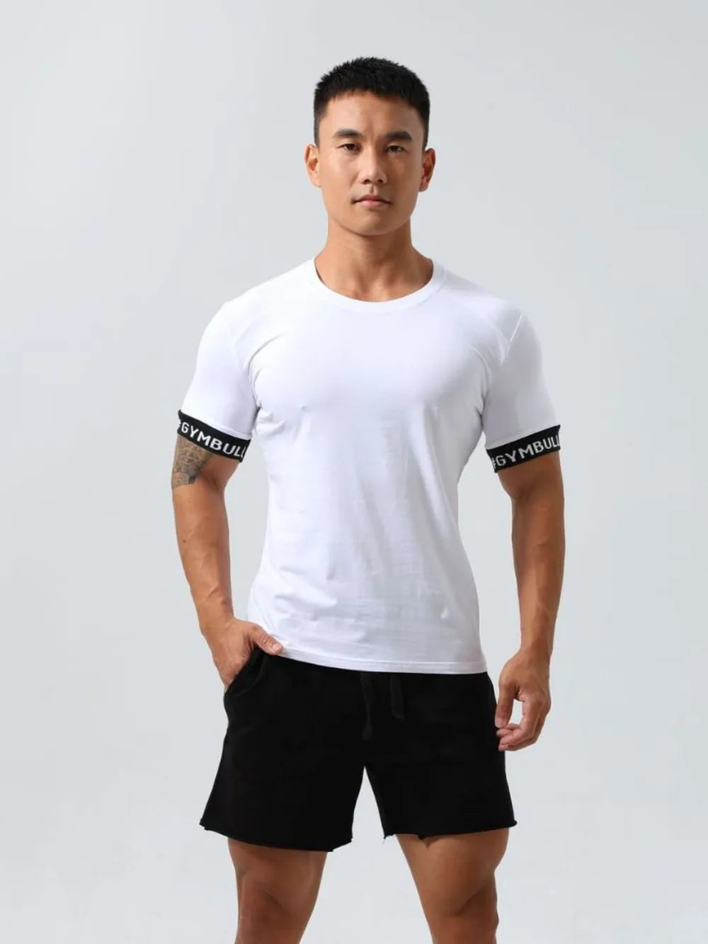 White crewneck tee with black gymband sleeve detail