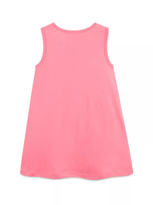 Toddler girls pink sleeveless cotton dress with tropical parrot print.