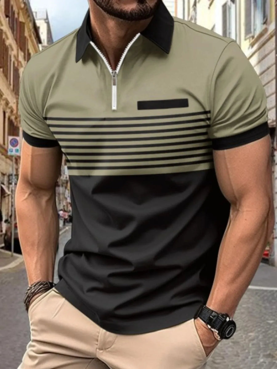 Men's colorblock zip polo shirt in Sherbet with black horizontal stripes and black sleeves.