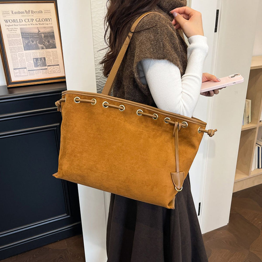 Drawstring Suede Shoulder Bag in camel with drawstring closure