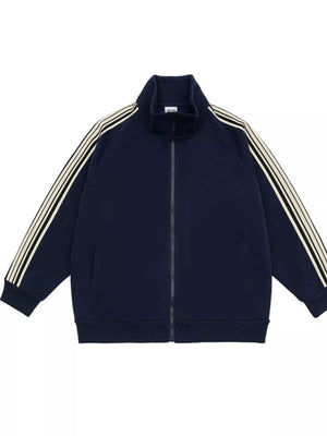 Navy blue zip-up sweatshirt with contrast stripe detail on sleeves and mock neck.
