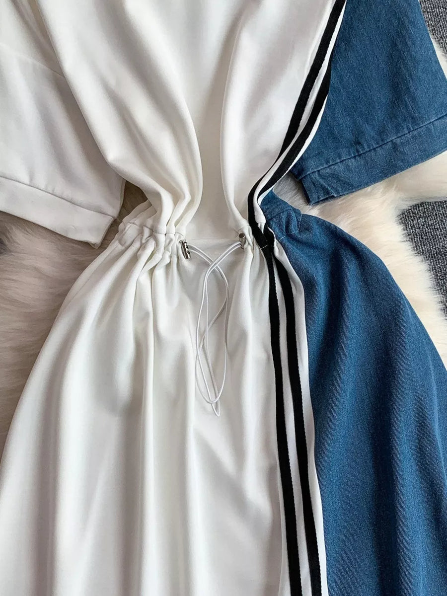 White and blue color block casual dress with drawstring waist and side stripes.