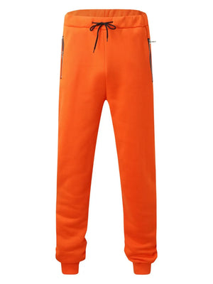 Orange fleece joggers with drawstring waist and zip pockets