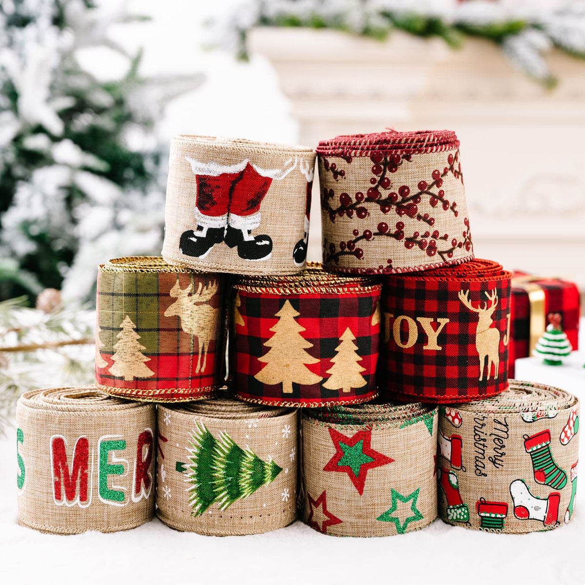 Festive holiday ribbons with Santa, deer, trees, and berry patterns on burlap.