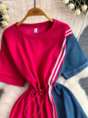Rose red dress with denim sleeves, drawstring waist, and white stripe detail