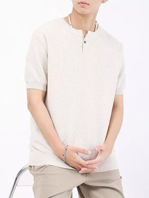 Men's short sleeve knit henley t-shirt in Taupe with waffle texture and button placket.