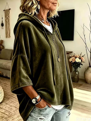 Velvet Loose Fit Hoodie With Drawstring in Khaki