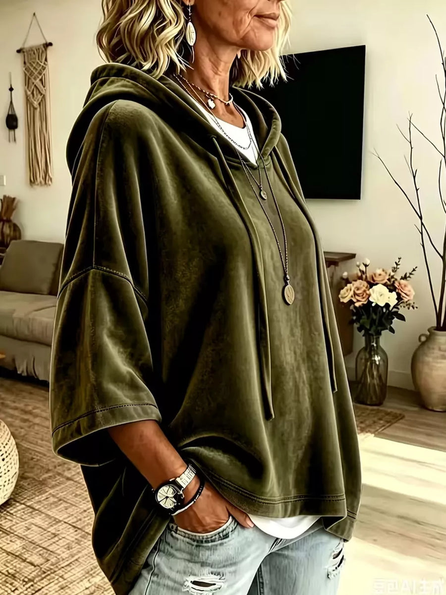 Velvet Loose Fit Hoodie With Drawstring in Khaki