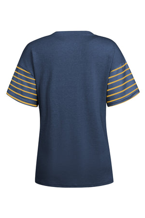 Dark Navy raglan tee with yellow striped sleeves