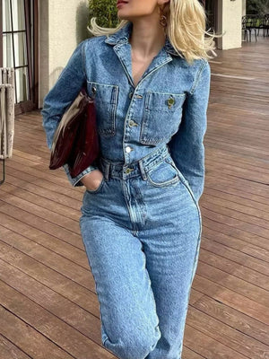light blue jumpsuit with full-length and button-front