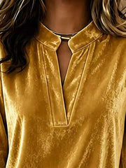 Full Size Velvet Notched Long Sleeve Blouse in Pink with plus-size